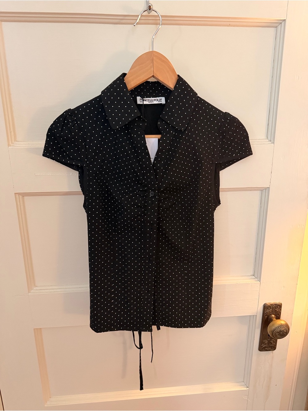 Princess Polly Black Polka Dot Short Sleeve Collared Blouse